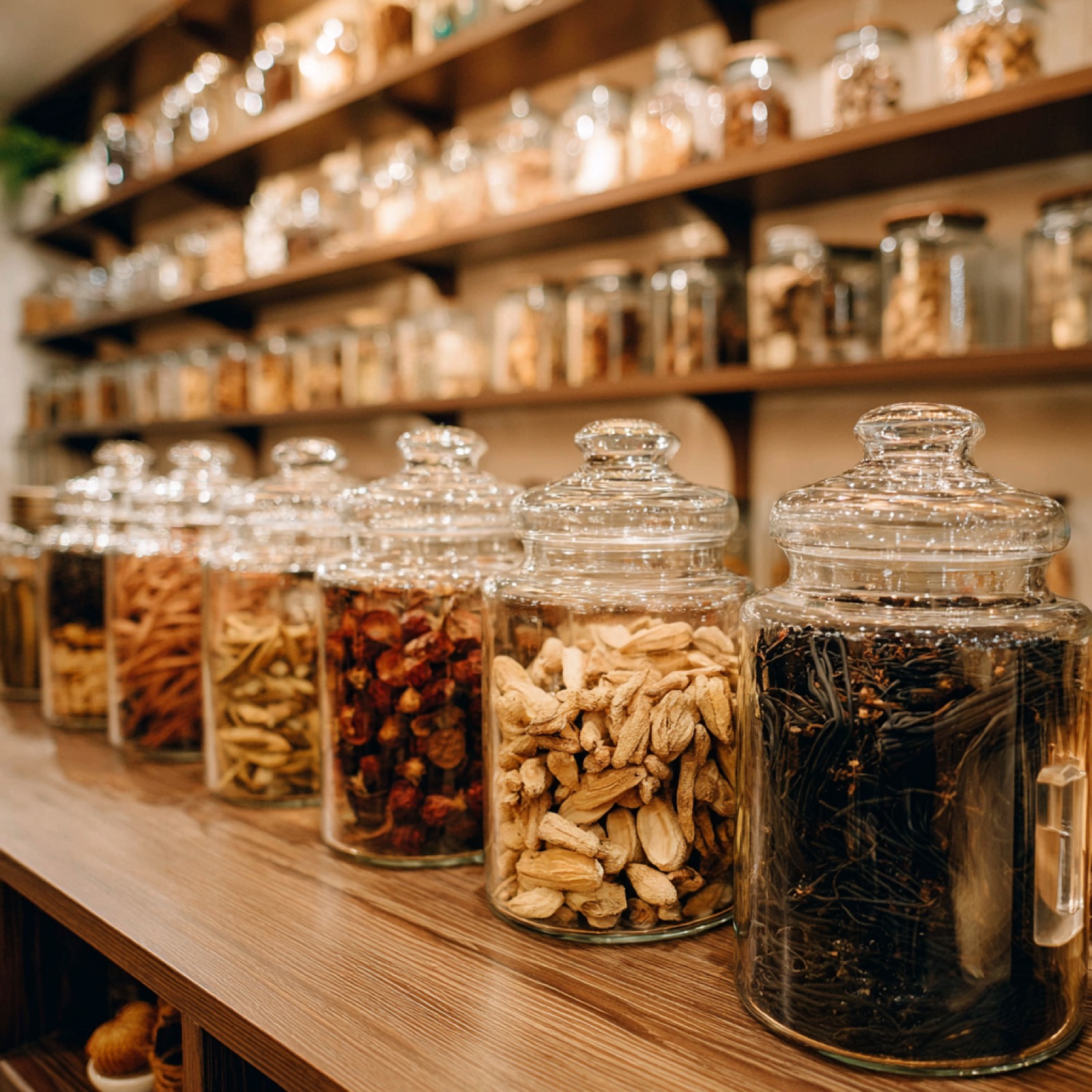 Warming Chinese herbs, laid out to rebuild a depleted constitution