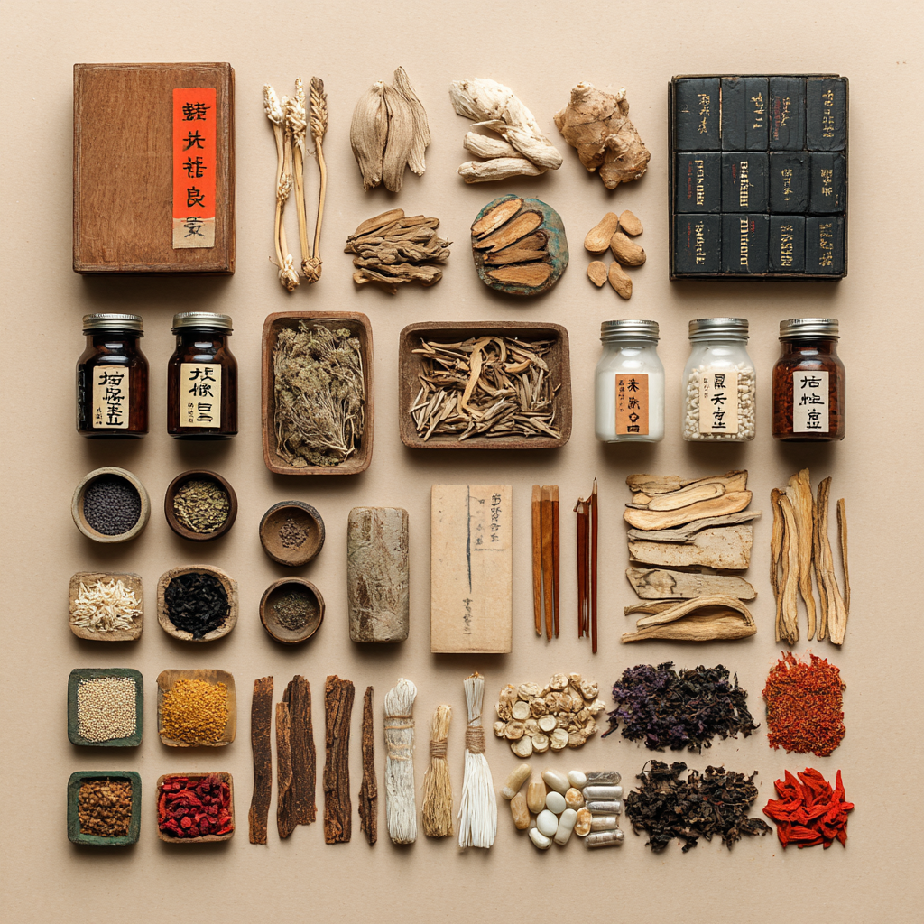 Traditional Chinese apothecary specimens — roots, herbs, jars