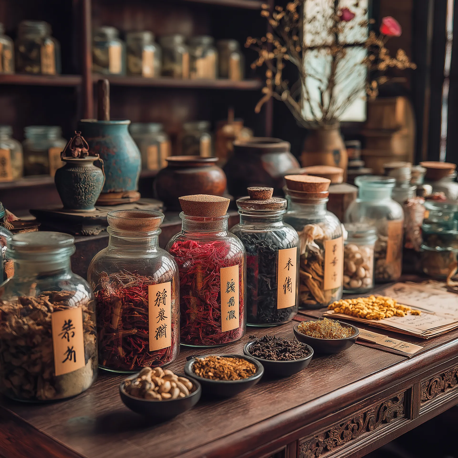 Traditional herb jars in an apothecary